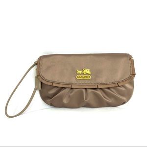 Coach Amanda 43402 Brown Satin Large Wristlet Clutch Purse Brass Logo Plate